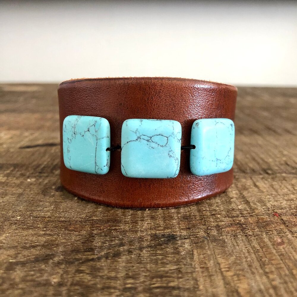 Handmade MishaGirl Leather Cuff Bracelet, Turquoise Howlite Beads